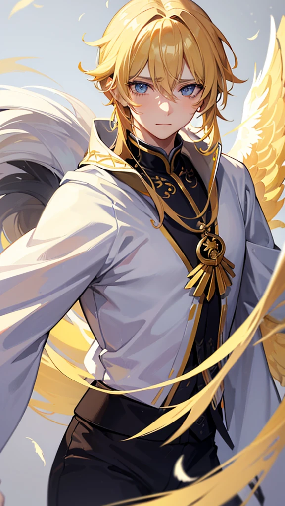 A guy with yellow hair with long eyes, white colors, tears of golden color, black squirrels in blue eyes, star, Chinese ancient clothes, gray wings, and white feathers below