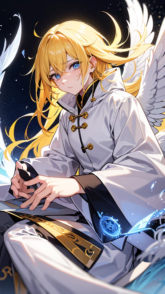 A guy with yellow hair with long eyes, white colors, tears of golden color, black squirrels in blue eyes, star, Chinese ancient clothes, gray wings, and white feathers below