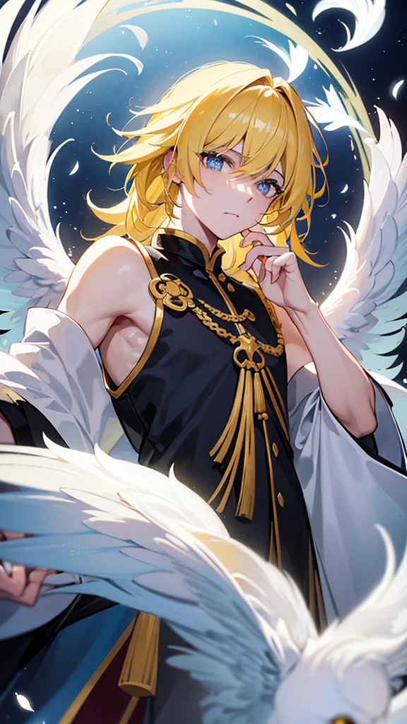 A guy with yellow hair with long eyes, white colors, tears of golden color, black squirrels in blue eyes, star, Chinese ancient clothes, gray wings, and white feathers below
