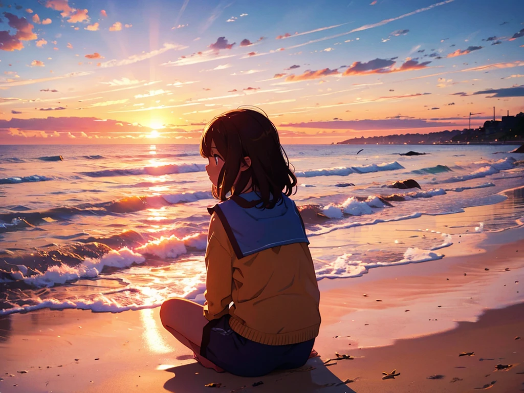 girl sitting on the beach at sunset