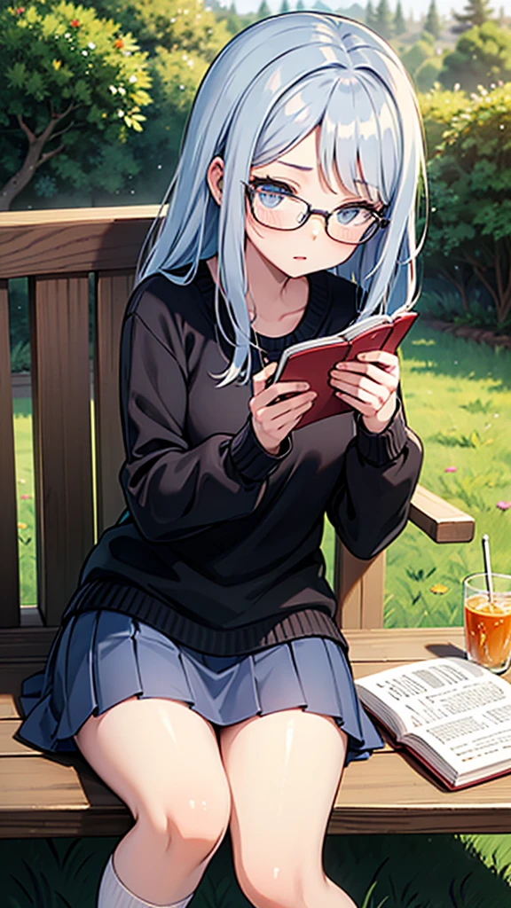 Create an anime-style illustration of a 17-year-old girl named Shizuka. She has long, straight, blue hair with bangs cut straight across her forehead. She has large, almond-shaped silver-blue eyes and porcelain-like white skin. Shizuka often wears glasses. Her outfit consists of a loose sweater paired with a skirt, knee-high socks, and loafers. Shizuka is an introverted, quiet girl who prefers to spend her time alone in peaceful places, reading books or drawing. She has no accessories. The background should be a tranquil suburban setting, highlighting her serene and introspective nature.