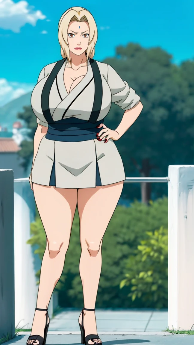 Big Breasts, Big Hips, Full Body Shot, Mature mother, Voluptuous thighs, A cow, Seductive mature woman, Perfect body, Plus Size Model, Sailor suit, Wearing high heels,Miniskirt Uniform, Tsunade