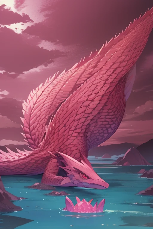 a large pink gum dragon with red eyes and pink scales sitting in a purple lake