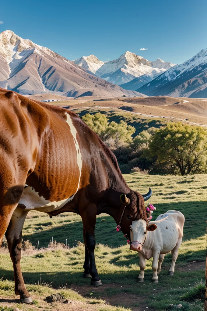 Cow with huge golden horn wearing pink gold white diamond ornaments with his baby cow in magical morning on mountains