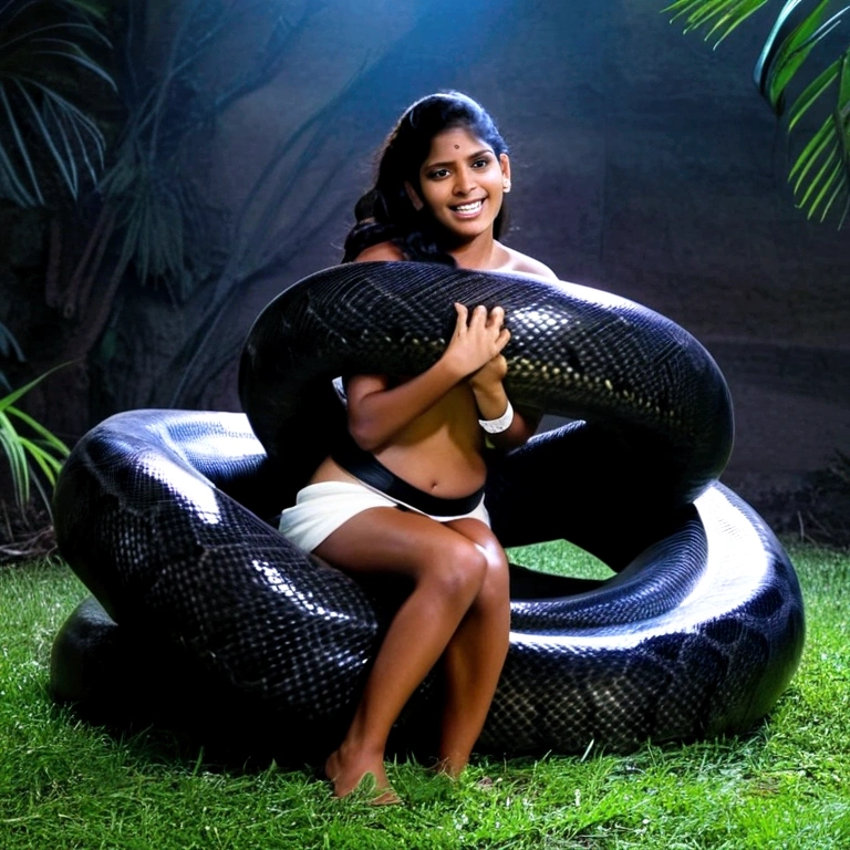 Happy Horny, aroused 1girl), beautiful kneeling Indian girl with giant colossal black titanboa squeezing her hard, wrapped in thick spiraling coils, constricted, struggle, gasping for air, snake attack, snake peril, moonless night, dim light