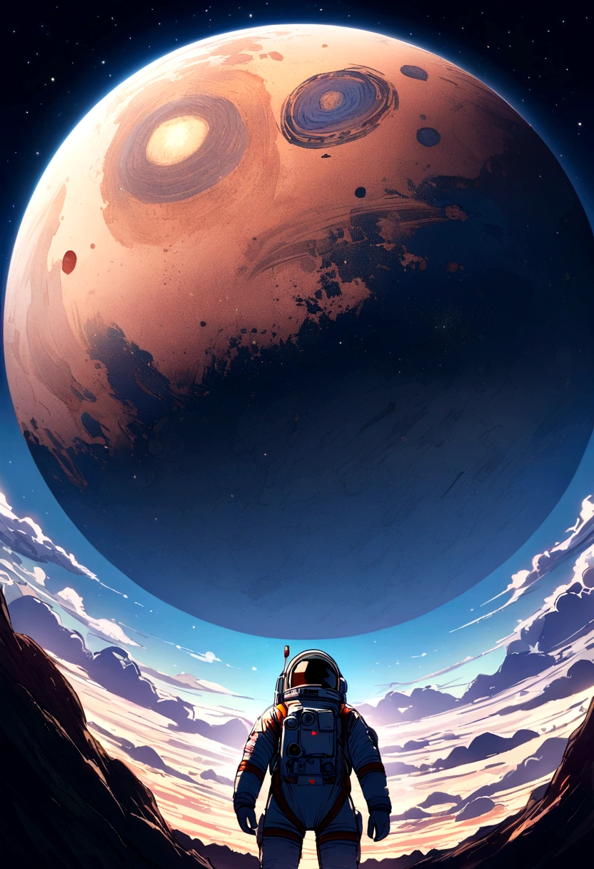 spaceships、Katsuhiro Otomo's painting style、desolate stars、starry sky、Man looking for a space suit、giant planet