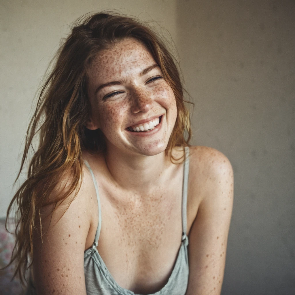 a 25 year old (caucasian) woman, (shy), embarrassed and laughing, looking away from the camera ((freckles:1.2)), indoors, vignette, filters, (filmy grain:1.4), candid pose, wearing shorts, no bra, small breasts, nude, long hair, realistic, ((80s style))
