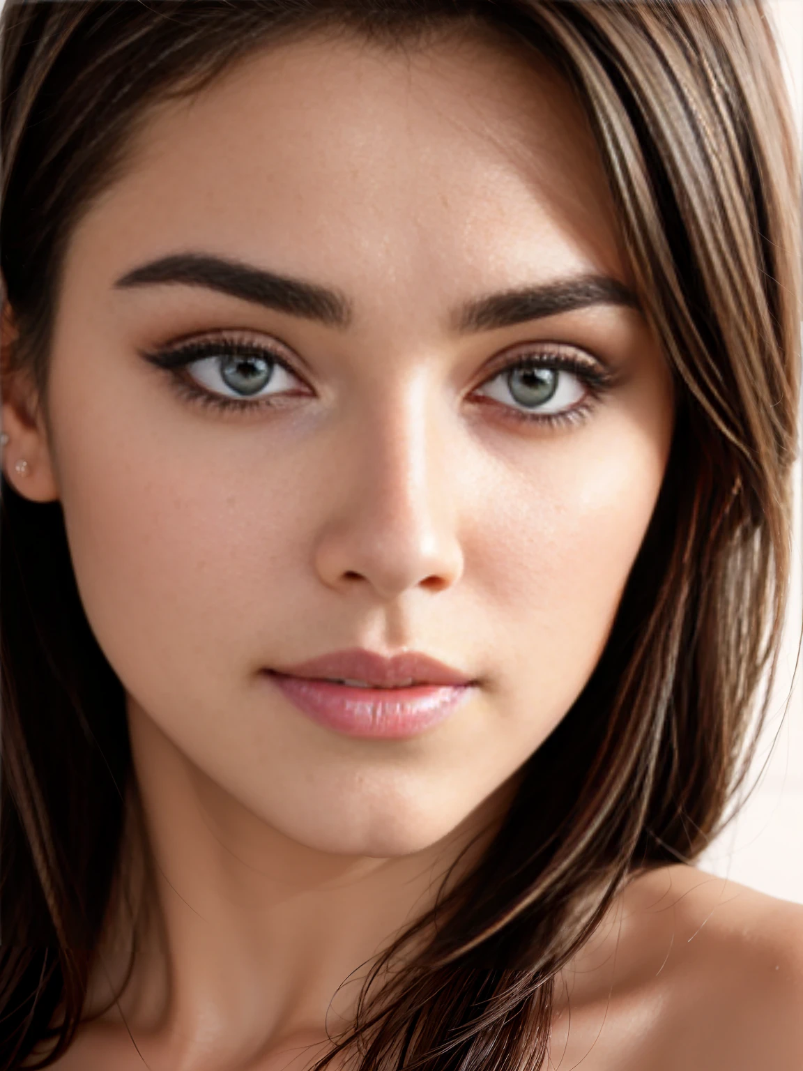(close-up portrait:1.3), (Above:1.1). Ultra-hot gorgeous Italian, Age 28,she's a playmate, men's magazine model. (She has a round face and cheeks:1.3) flirts with the camera, thin smile. (Wavy brunette hair. green eyes:1.2) (she stands at night in a snowy village:1.4). Oversized wool sweater.Ideal Anatomy, Perfect hair, perfect breasts, Perfect body, perfect hands, perfect face, uhd, retina, masterpiece, accurate, anatomically correct, Textured leather. winter starry night, Northern lights