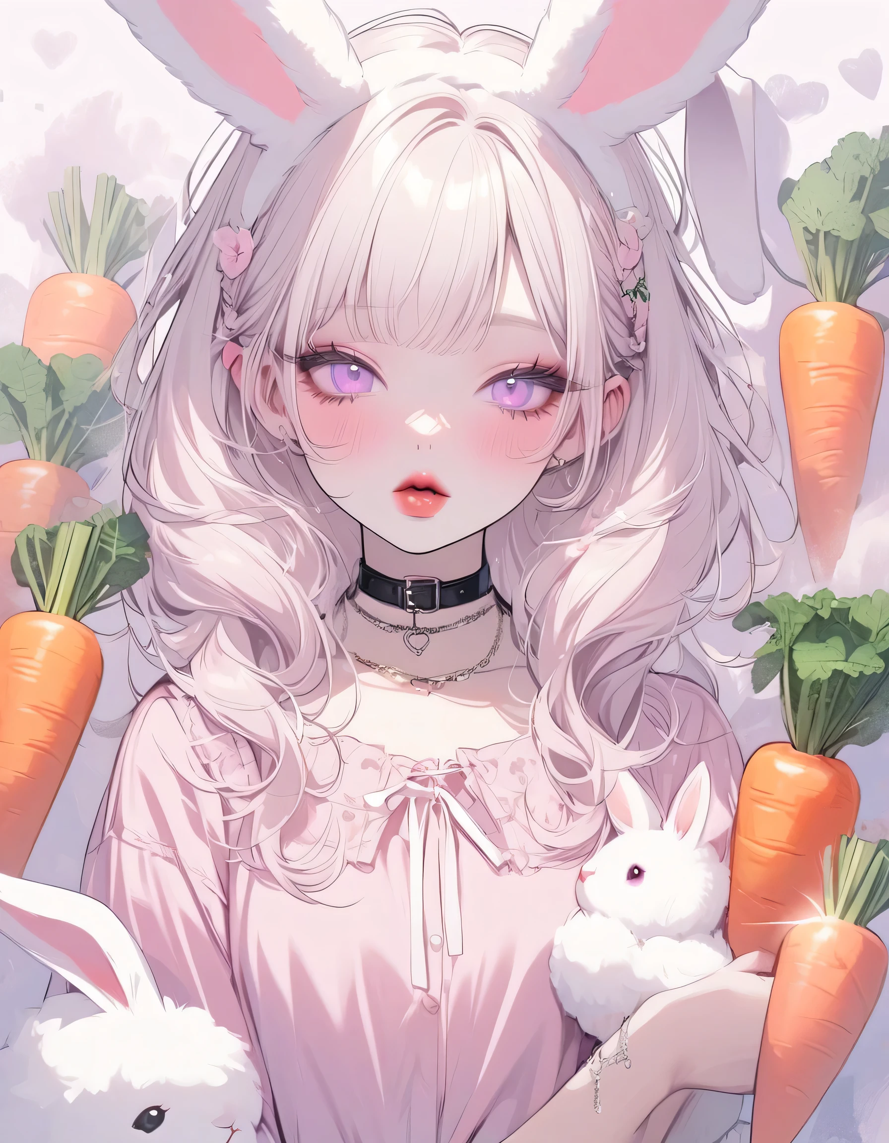 Girl, white hair, albino, beautiful, pastel pink shirt, pastel colors, lipgloss, brat, ethereal, submissive, white bunny ears, cute, fluffy ears, sweet, carrot