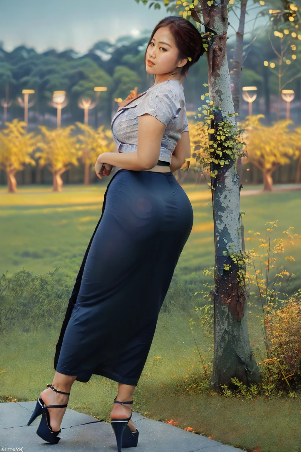 arafed asian woman in a satin dress standing in front of a crowd, (((full body side angle rear view:2))), ((pretty lady MoonLay:1.2)), (pretty lady MoonLay), ((((pretty lady MoonLay's innocent cute face and cute small smile:1.3)))), ((super seductive pose for photography:1.7)), ((wearing Myanmar traditional elegant and stylish affair:1.2)), (((super wide enormous hip:1.5))), (((super curvy enormous buttock:1.5))), ((red satin skirt:1.5)), ((((deep clinging thick panty lines:1.5))), ((blue sandal high heel:1.3)), south east asian with square face, traditional beauty, beautiful asian girl, anime thai girl, a young beautiful asian woman, (((photorealistic background))), ((in a beautiful park with vibrant colorful trees background:1.5)), ((cinematic bokeh background blur:1.7)), (((photorealistic cloudy evening sky with golden sunlight15))), (cinematic enhance HDR portrait lighting))), perfect anatomy, cannon mark v, DSLR quality, (perfect anatomy), (perfect toes), (perfect hands), (realistic smartphone), (random realistic stylish seductive pose),