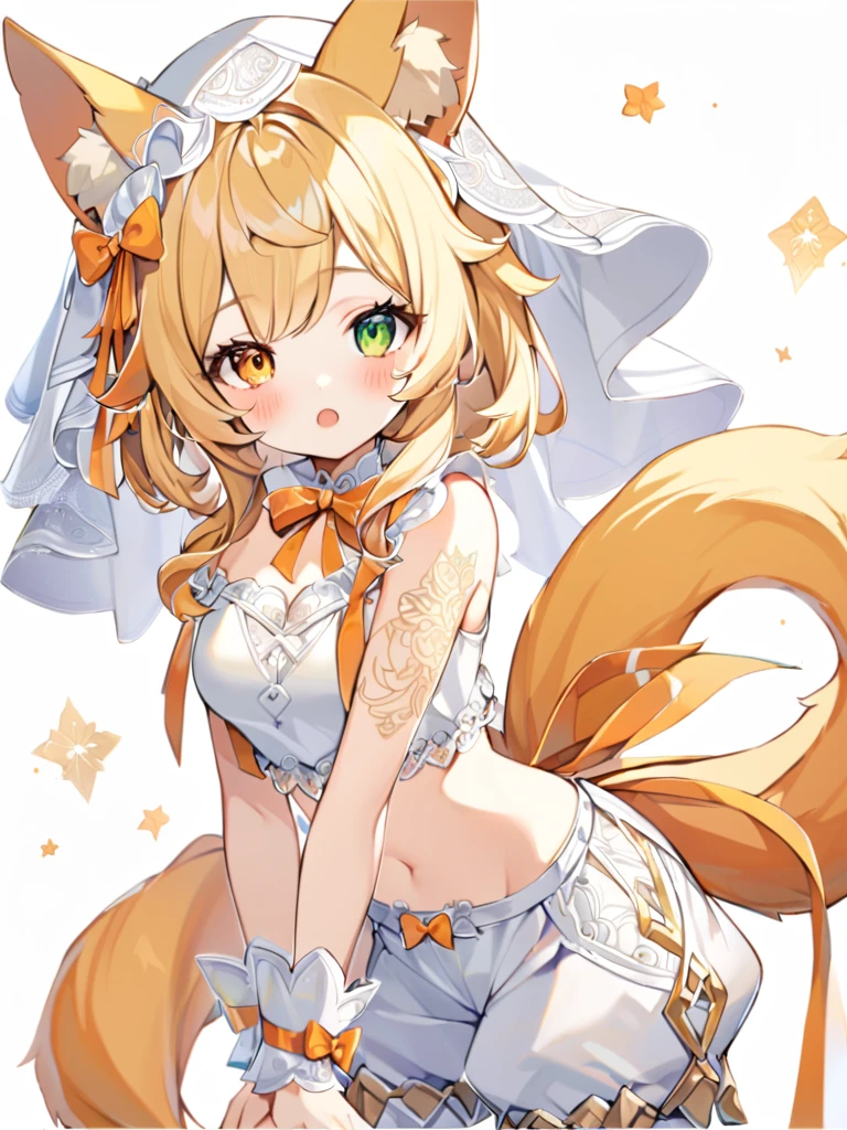 1girl, animal ears, bangs, bare shoulders, blonde hair, blush, bow, breasts, white cleavage, cropped torso, , green eyes, hair ribbon, heterochromia, , looking at viewer, open mouth, orange bow, orange eyes, orange ribbon, ears of an unusual animal, a real tail, a fluffy tail, two tails on the sides, ribbon, solo, stuffed animal, , upper body, full-length, white legbands, white shoes with lace and white bows, white background, wrist cuffs, yellow eyes, bloomers, close-up, fair skin frills, lace, midriff, skirt, solo, , white background,shorts, white top with ribbon and lace and trousers,trousers, genshin,white slippers with a bow,All clothes are white, laceAt full height, it ,the veil on the head, small tattoo on one shoulder, tattoo of ears and curved patterns