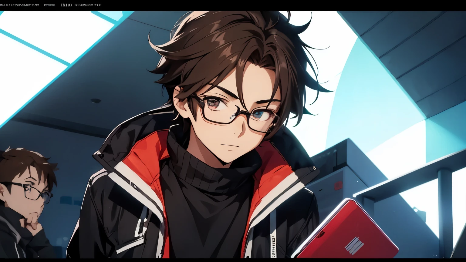 Anime style teenage boy with brown hair, wearing a black jacket, looking at the screen. Make sure the style is clearly anime with sharp lines, vibrant colors, expressive eyes, brown eyes, boy with glasses, with medium hair, with brown eyes