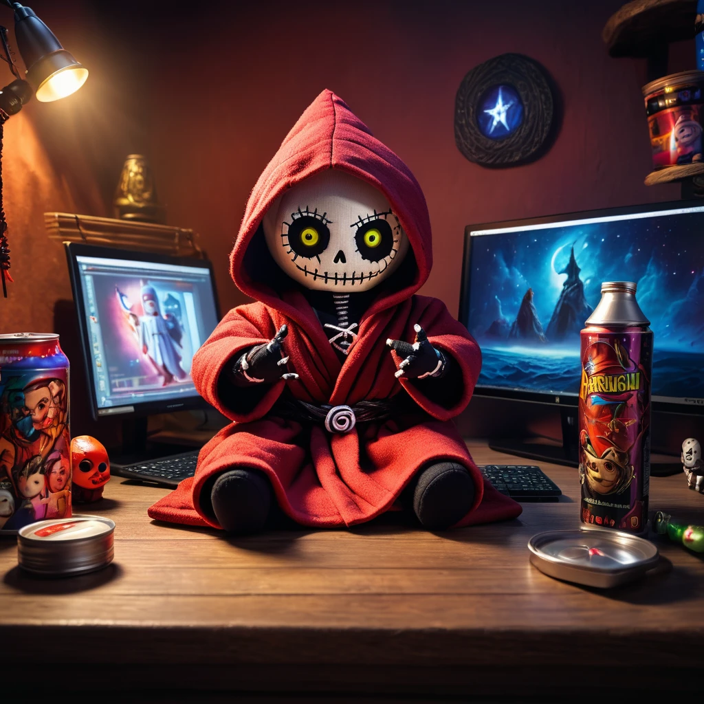 (knitted toy voodoo doll:1.7), (Armenian man:1.3), (magical robe with hood:1.5), (sitting in front of a computer monitor:1.2), (chat window open on screen:1.0), (energy drink cans on table:1.2), (magical and mystical atmosphere:1.5), best quality, masterpiece, detailed soft oil painting, detailed background, dramatic cinematic lighting, soft edge lighting, professional, dramatic lighting, hard edge lighting, ultra quality, 4k, masterpiece, best quality, 8k, ultra high definition, high resolution, extremely detailed