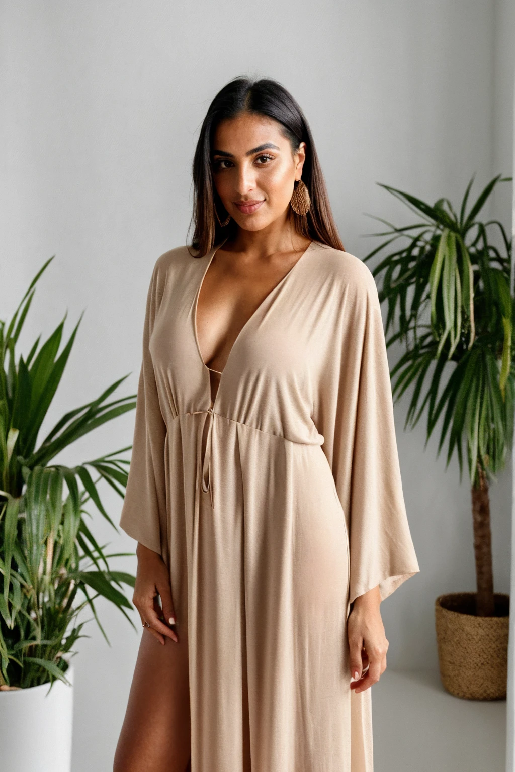 RAW photo,candid photograph, full body,photo of a beautiful,influencer,30yo Arab woman,wearing a beige Kaftan, detailed skin,pubes,naked, looking at viewer, thick body structure,white background,no background, candid pose,blue light, film grain, kodak color, instagram LUT