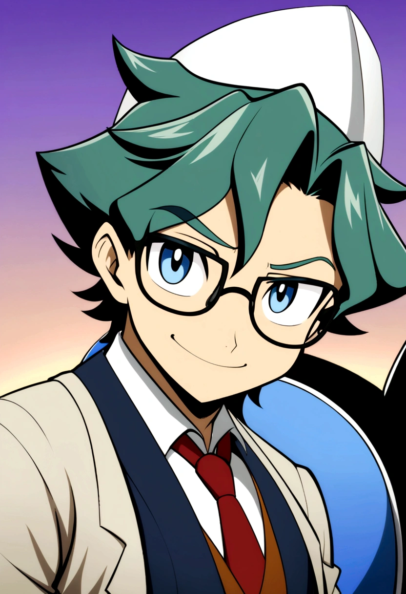Boy Anime With glasses and tie looking at the camera, inspired by Okumura Togyu, anime moe art style, 2d anime style, tall anime guy with blue eyes, inspired by Okumura Masanobu, Boy Anime, young anime man, made with anime painter studio, [[[[grinning wickedly]]]], With glasses