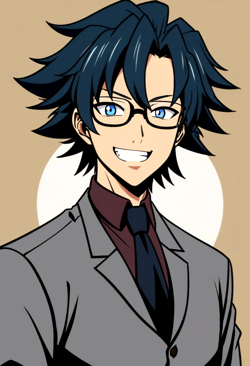 Boy Anime With glasses and tie looking at the camera, inspired by Okumura Togyu, anime moe art style, 2d anime style, tall anime guy with blue eyes, inspired by Okumura Masanobu, Boy Anime, young anime man, made with anime painter studio, [[[[grinning wickedly]]]], With glasses
