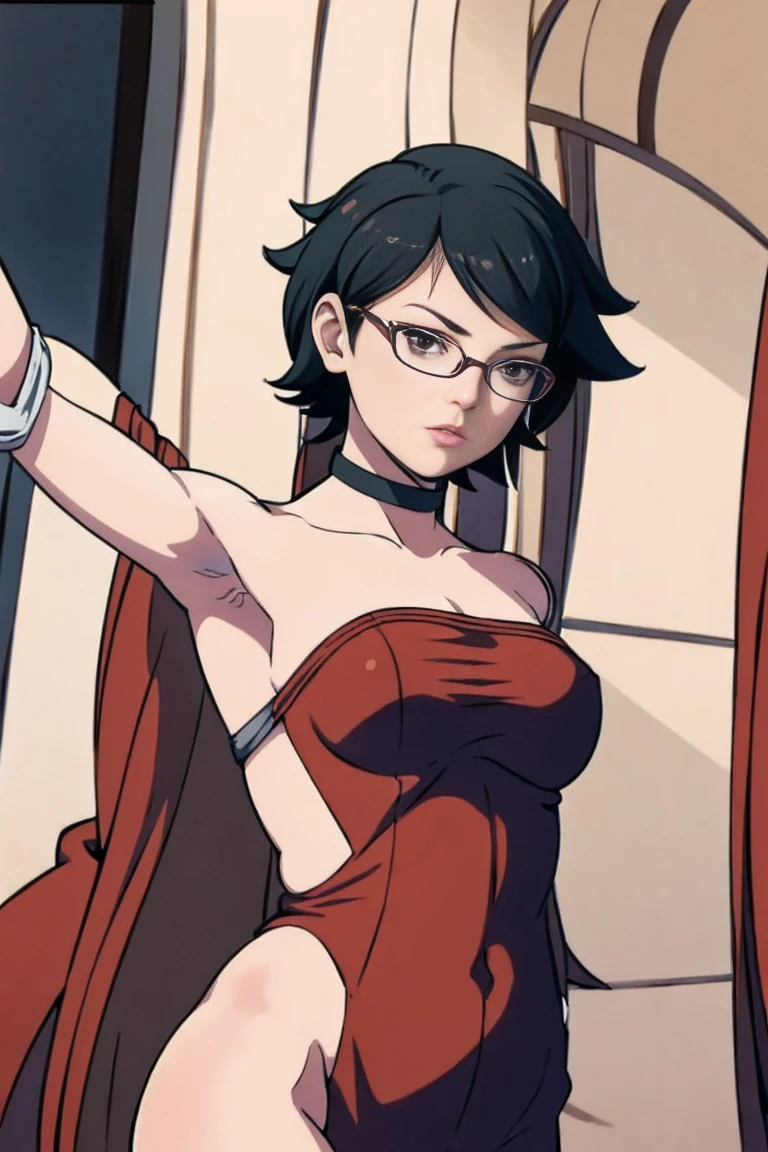 anime girl in a short dress and glasses with a red cape,| artgerm, female protagonist 👀 :8, realistic anime 3 d style, anime styled 3d, realistic anime artstyle((naked long belly)) background forest((( nude))))(((( arms above showing armpits))))