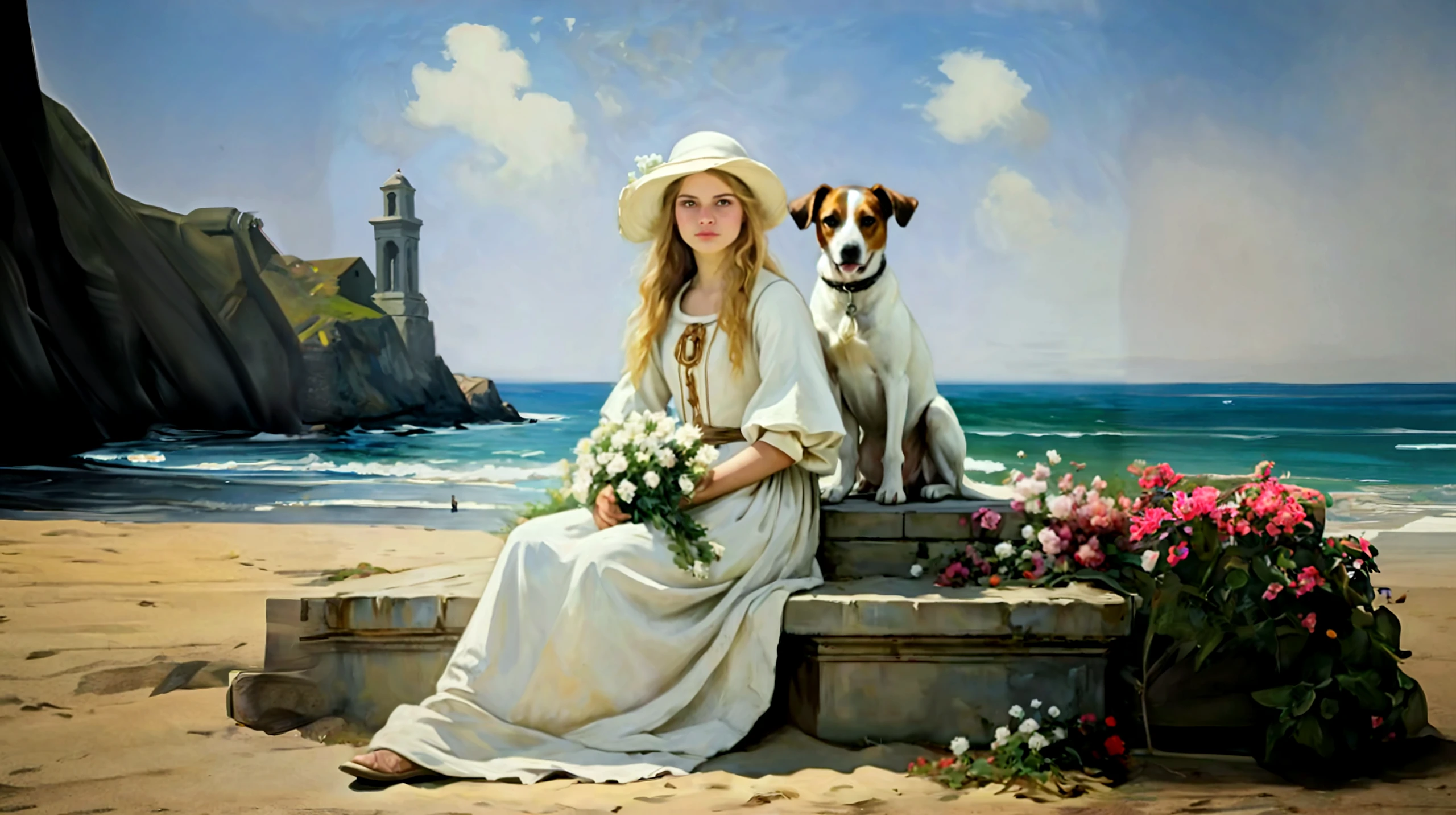 oil on canvas, a young beautiful woman with resemblance to Mckenna Grace, white medieval outfit, has a little dog, She is lying on some stone steps in front of a column decorated with flowers, in the background a quiet beach, Hoar, looking to the camera, natural lighting, style of william-adolphe bouguereau