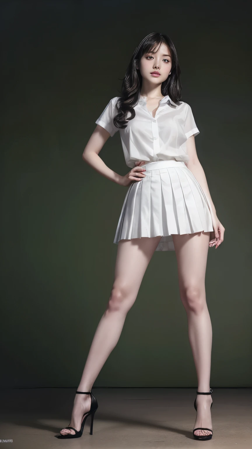 (She is standing, hands on hips, model pose:1.3),,,,,,,,(White shirt, open dress,,,,,,,Black very short pleated mini skirt, high heels:1.5),,,,,,,,,,,,,,(White panties visible:1.2),(Full body photo, from below:1.5),,,,,,,,,,,,,,,,,,,,,,,,,,,Svelte Body,Medium Breasts,(Short Hair,Wavy Hair,black hair:1.2),, Soft Portrait Shot, Smooth, White skin like porcelain,, transparent white skin, , Pure white skin,Photorealistic perfect body, Real young gravure idol, 4K, ,,,(8K, RAW Photos, Ultra-high resolution, highest quality, masterpiece:1.2), (Realistic illustrations), (Highly detailed CG Unity 8k wallpaper)