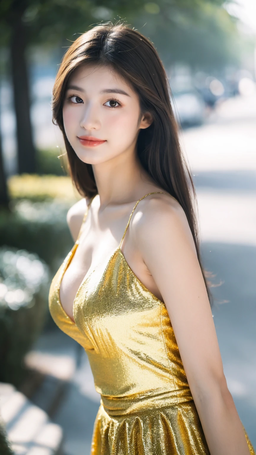 ((Best quality, 8K, masterpiece:1.3)),1girl,18 years old,Asian,Real texture:1.3,(Background blur:1.1),Gorgeous long dress,Tall and slender figure:1.2,(Hot summer weather),(street:1.3),Highly detailed face and skin textures,Exquisite eyes,Long eyelashes,Double eyelids,Skin Whitening,happy,Various postures,Big breasts
