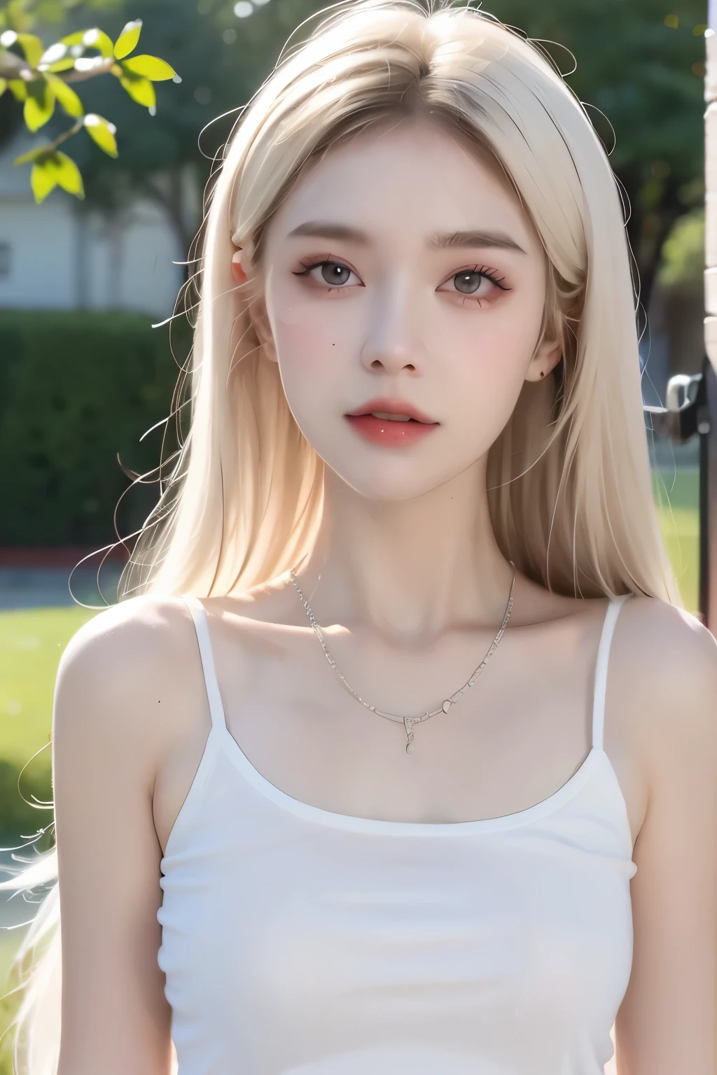 master work, masterpiece, high quality, high quality, 32,000,female, bust, upper body, white body shirt, eye, fair skin, delicate makeup, necklace, long white hair
