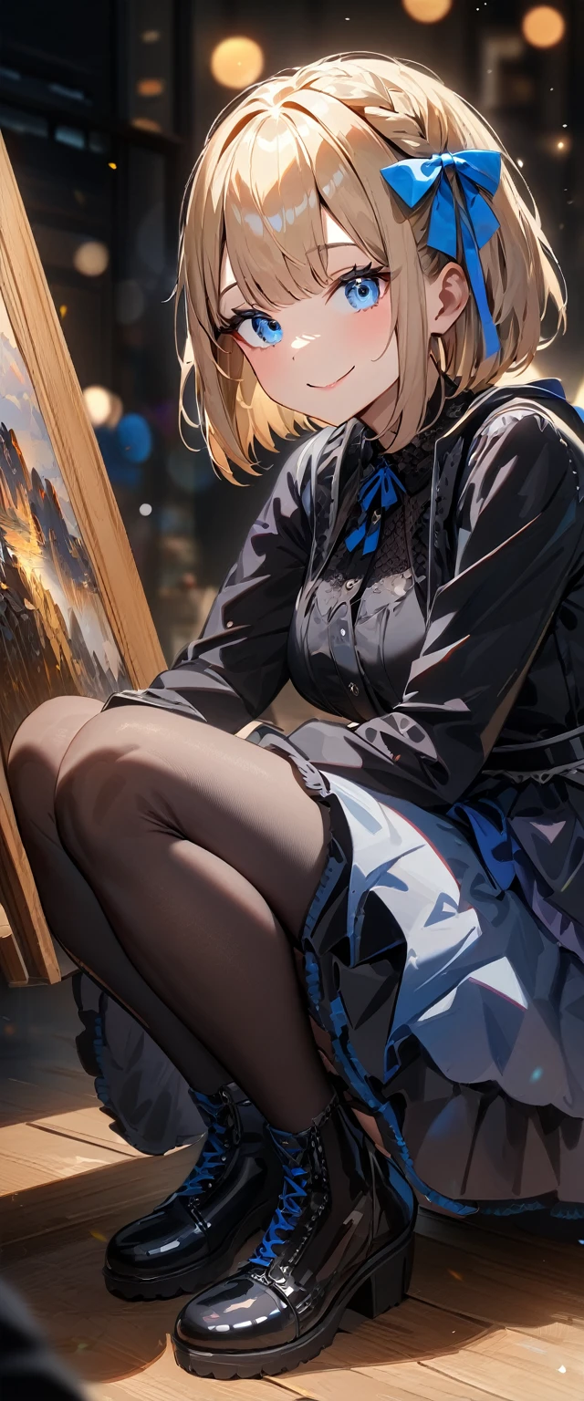 (((One girl))), Shibuya, streat, blond hair, bob cut, (looking at viewer), (((full body))), squatting, breasts, ager, head tilt:1.3, (((blue eye))), constricted pupils, (from side:1.3), ((happy smile)), (((gothic loli.3))), short dress, hair ornament, hair ribbon, anime style, (best quality, 4k, 8k, highres, masterpiece:1.2, ultra-detailed, ultra-detailed eyes, HDR, UHD, studio lighting, ultra-fine painting, sharp focus, physically-based rendering, extreme detail description, professional, vivid colors, bokeh)