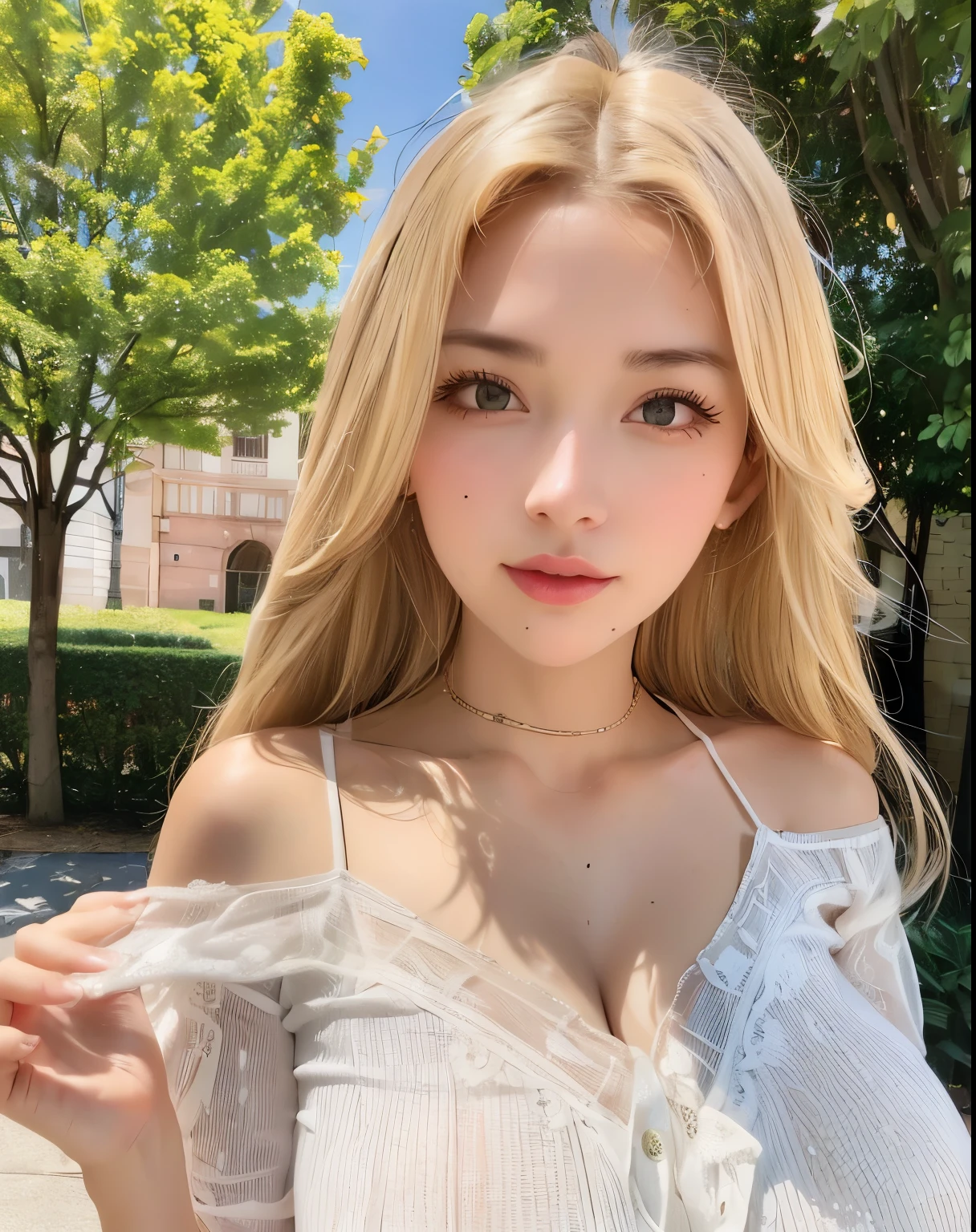730717681 1 woman only, alone, blonde、shining beautiful skin、big bust、outstanding style, People neck blouse, historical western style building, best quality, ultra high resolution , bust, playful gesture、armpit sweat