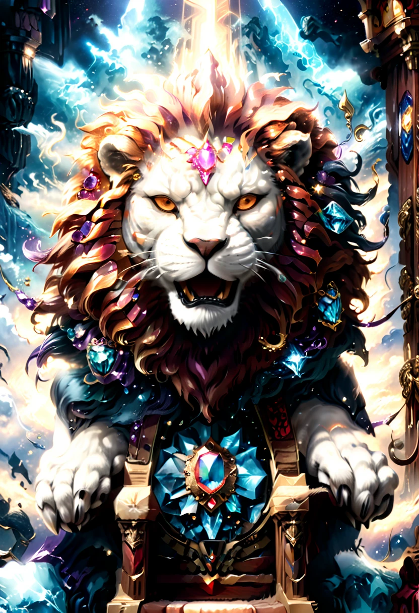a picture of a massive epic throne, it has purple silk cushions, rubies, topaz, aquamarine gemstones artwork, the throne is epic in its majestic, power, and royalty, symmetric with many wood leonine carvings on the handle, a roaring lion head carving on the top of the seat of the throne, there is and gem artwork, behind the throne there are stars and nebulas of space a sense of high royalty, nobility and magic , (masterpiece: 1.4) intense details, highly detailed, photorealistic, best quality, highres,16k, [ultra detailed], masterpiece, best quality, (extremely detailed), close up, ultra wide shot, photorealistic, RAW, fantasy art, dnd art, fantasy art, realistic art,((best quality)), ((masterpiece)), (detailed: 1.5)