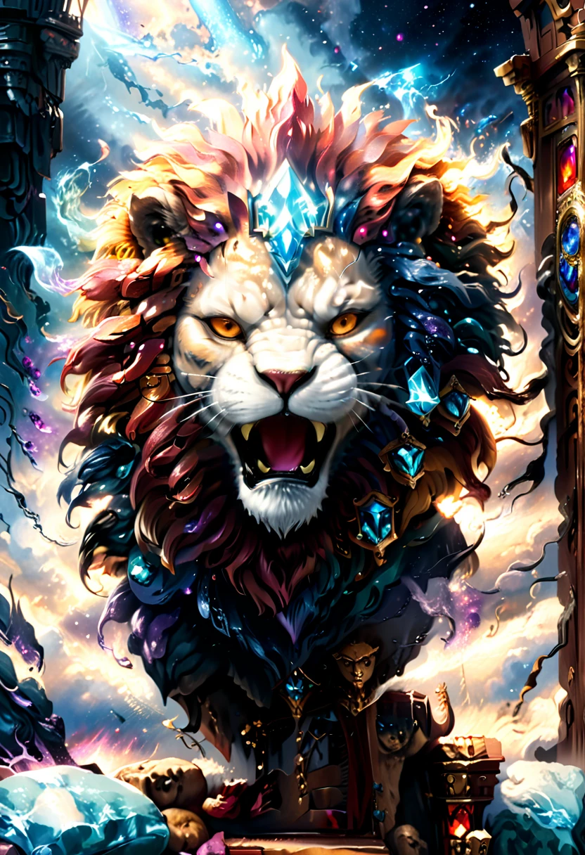 a picture of a massive epic throne, it has purple silk cushions, rubies, topaz, aquamarine gemstones artwork, the throne is epic in its majestic, power, and royalty, symmetric with many wood leonine carvings on the handle, a roaring lion head carving on the top of the seat of the throne, there is and gem artwork, behind the throne there are stars and nebulas of space a sense of high royalty, nobility and magic , (masterpiece: 1.4) intense details, highly detailed, photorealistic, best quality, highres,16k, [ultra detailed], masterpiece, best quality, (extremely detailed), close up, ultra wide shot, photorealistic, RAW, fantasy art, dnd art, fantasy art, realistic art,((best quality)), ((masterpiece)), (detailed: 1.5)