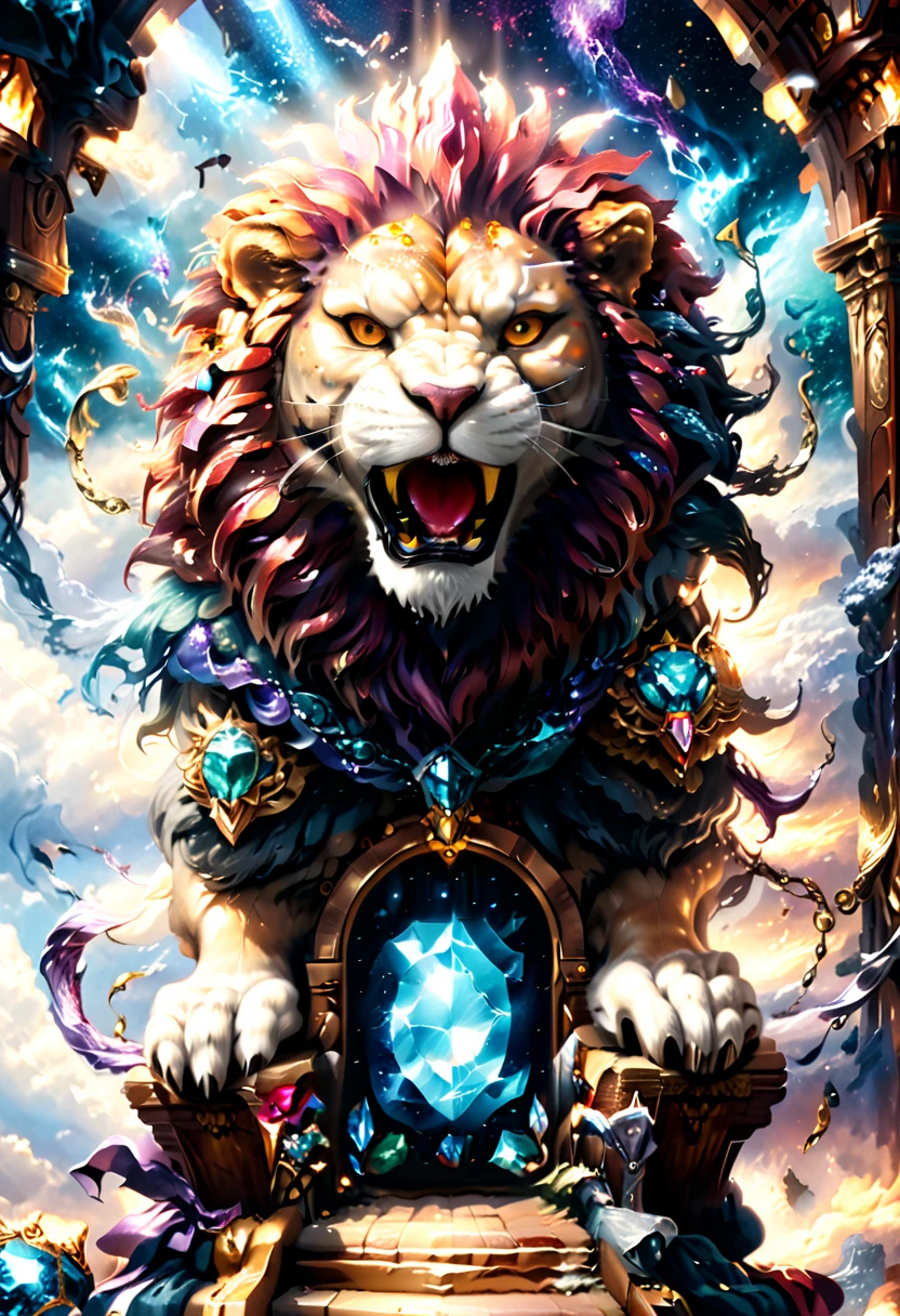a picture of a massive epic throne, it has purple silk cushions, rubies, topaz, aquamarine gemstones artwork, the throne is epic in its majestic, power, and royalty, symmetric with many wood leonine carvings on the handle, a roaring lion head carving on the top of the seat of the throne, there is and gem artwork, behind the throne there are stars and nebulas of space a sense of high royalty, nobility and magic , (masterpiece: 1.4) intense details, highly detailed, photorealistic, best quality, highres,16k, [ultra detailed], masterpiece, best quality, (extremely detailed), close up, ultra wide shot, photorealistic, RAW, fantasy art, dnd art, fantasy art, realistic art,((best quality)), ((masterpiece)), (detailed: 1.5)