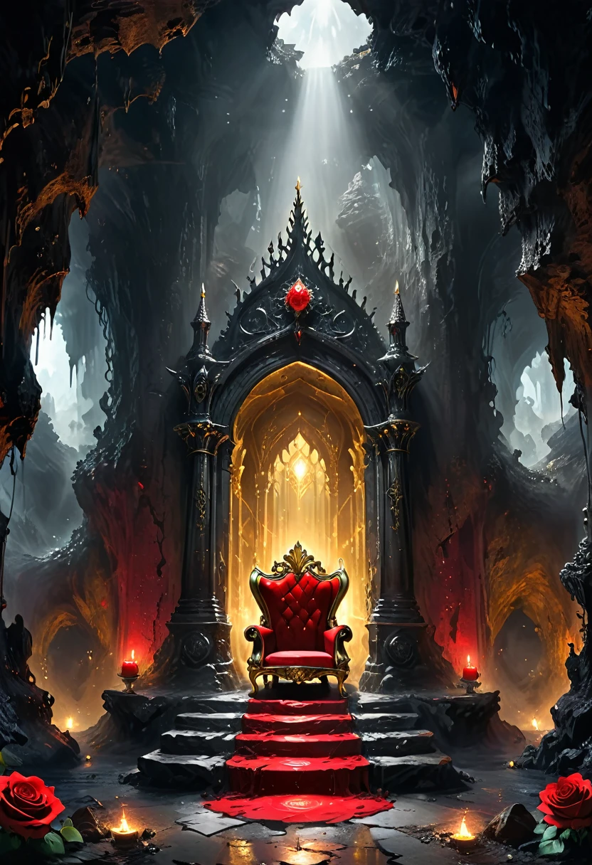 Cave,Underground Kingdom,Gothic style:High,(((A symbol of power。throne:1.37,gem,gold))),Red rose,Dust,Majestic