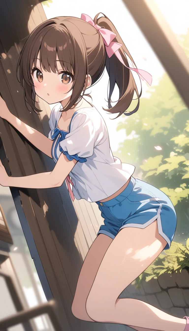 kodama fumika,, ponytail, pink ribbon, brown hair, brown eyes,blue shorts
