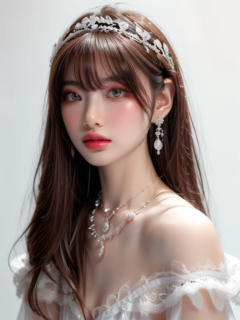 White Background、Professional Lighting、(((Professional Lighting 1.5)))、Translucent skin texture、Beautiful Skin、Beautiful Skin、、Off the shoulder、White Dress、See-through、fluttering feathers、Ecstasy of Musical Notes、(())、Face close-up、Simple earrings and necklace、