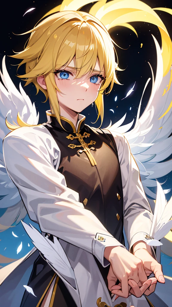 A guy with yellow hair with long eyes, white colors, tears of golden color, black squirrels in blue eyes, star, Chinese ancient clothes, gray wings, and white feathers below