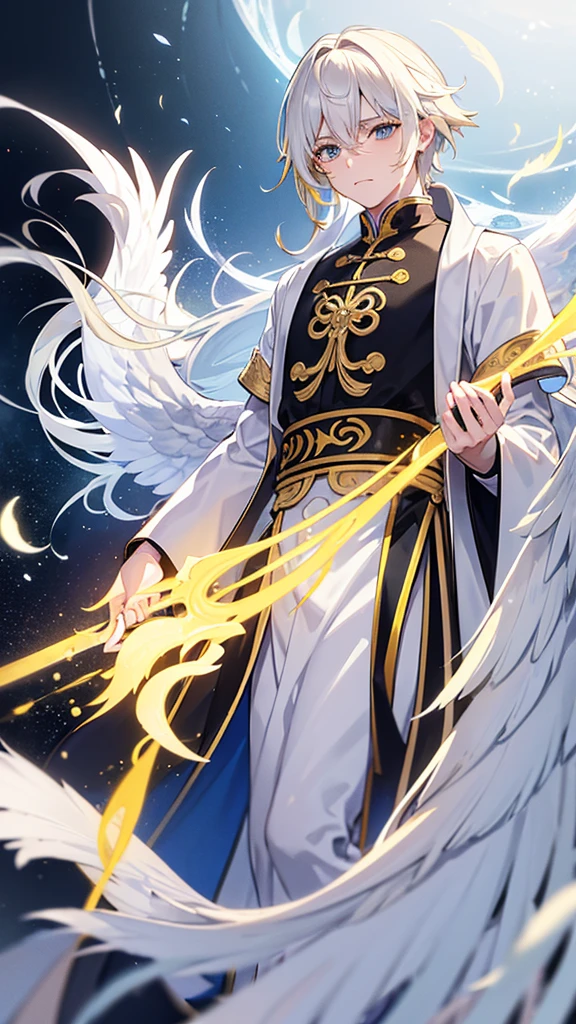 A guy with yellow hair with long eyes, white colors, tears of golden color, black squirrels in blue eyes, star, Chinese ancient clothes, gray wings, and white feathers below