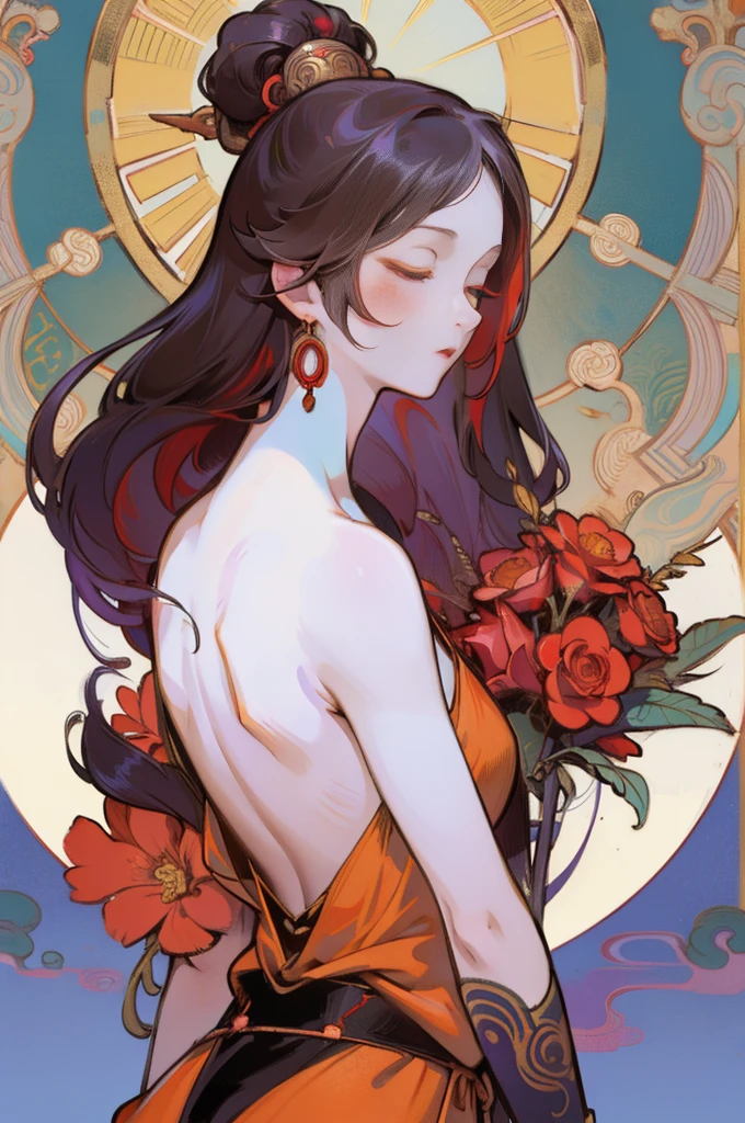 There is a woman's back in ancient China, back of the head, (only), (bare back tattoo), beautiful closed eyes, detailed face, like a dream, red and gold flowers, Ukiyo style, artwork Guwitz style. , Guviz, Alphonse Mucha and Rose Drews, a beautiful artistic illustration, author: Li Song, author: heroes, author: Zou Zhe, by Zeng Jing, by Ye Xin, author: Shitao, author: Zhou Fang, art nouveau Korean anime, Long loose hair 