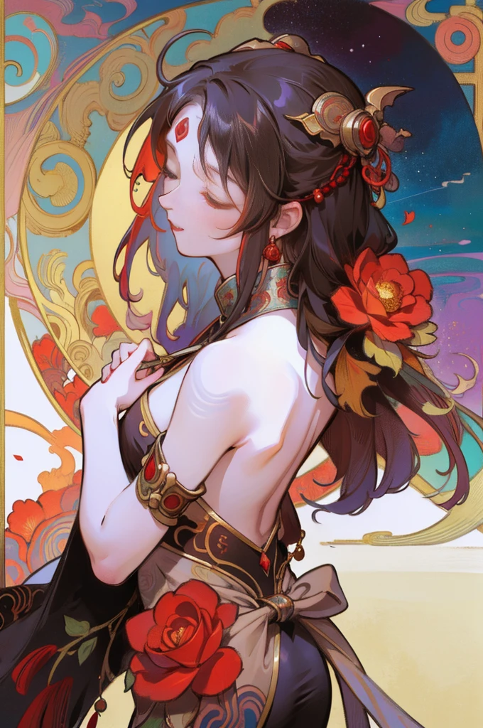 There is a woman's back in ancient China, back of the head, (only), (bare back tattoo), beautiful closed eyes, detailed face, like a dream, red and gold flowers, Ukiyo style, artwork Guwitz style. , Guviz, Alphonse Mucha and Rose Drews, a beautiful artistic illustration, author: Li Song, author: heroes, author: Zou Zhe, by Zeng Jing, by Ye Xin, author: Shitao, author: Zhou Fang, art nouveau Korean anime, Long loose hair 