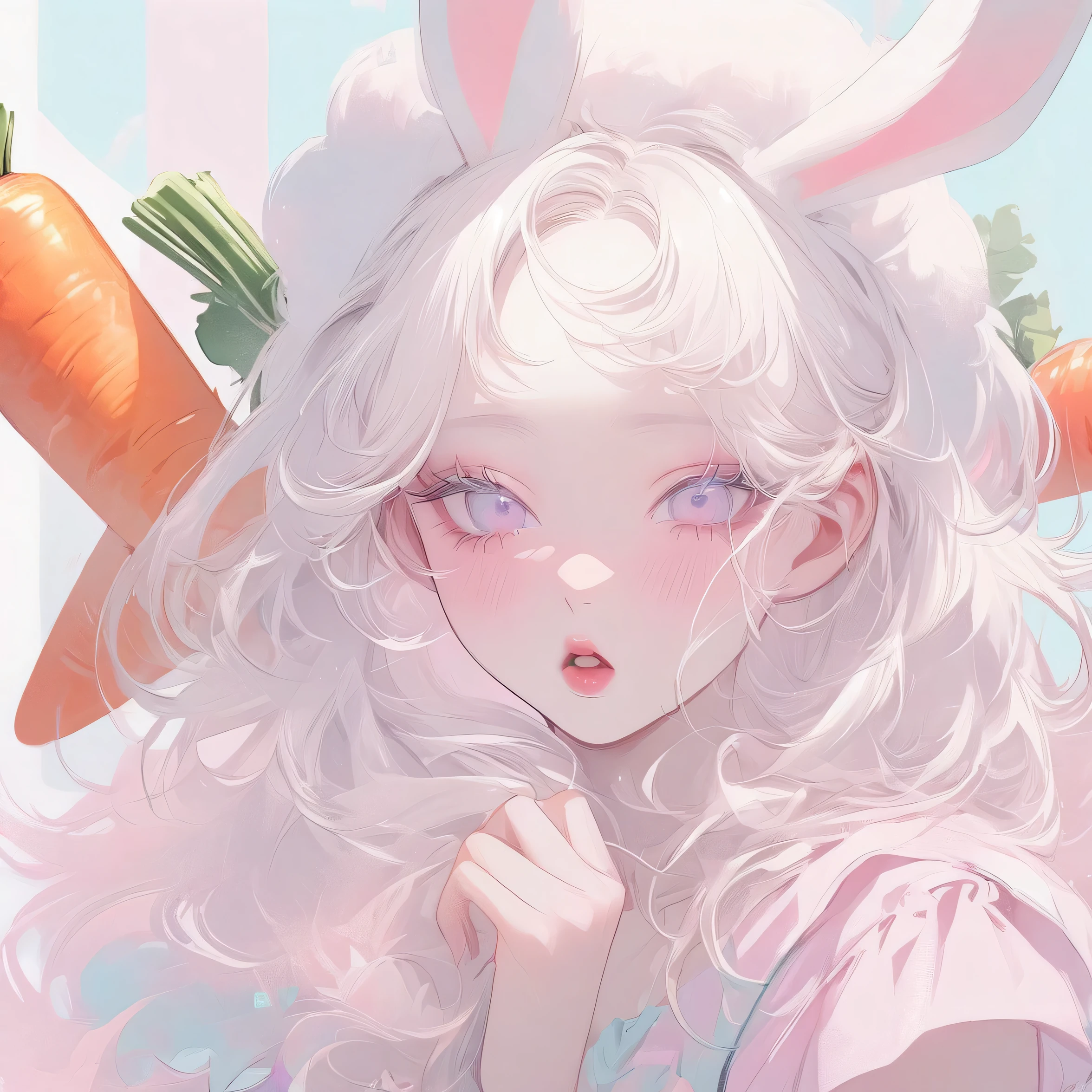 Girl, white hair, albino, beautiful, pastel pink shirt, pastel colors, lipgloss, brat, wide mouth, ethereal, submissive, white bunny ears, cute, fluffy ears, sweet, carrot