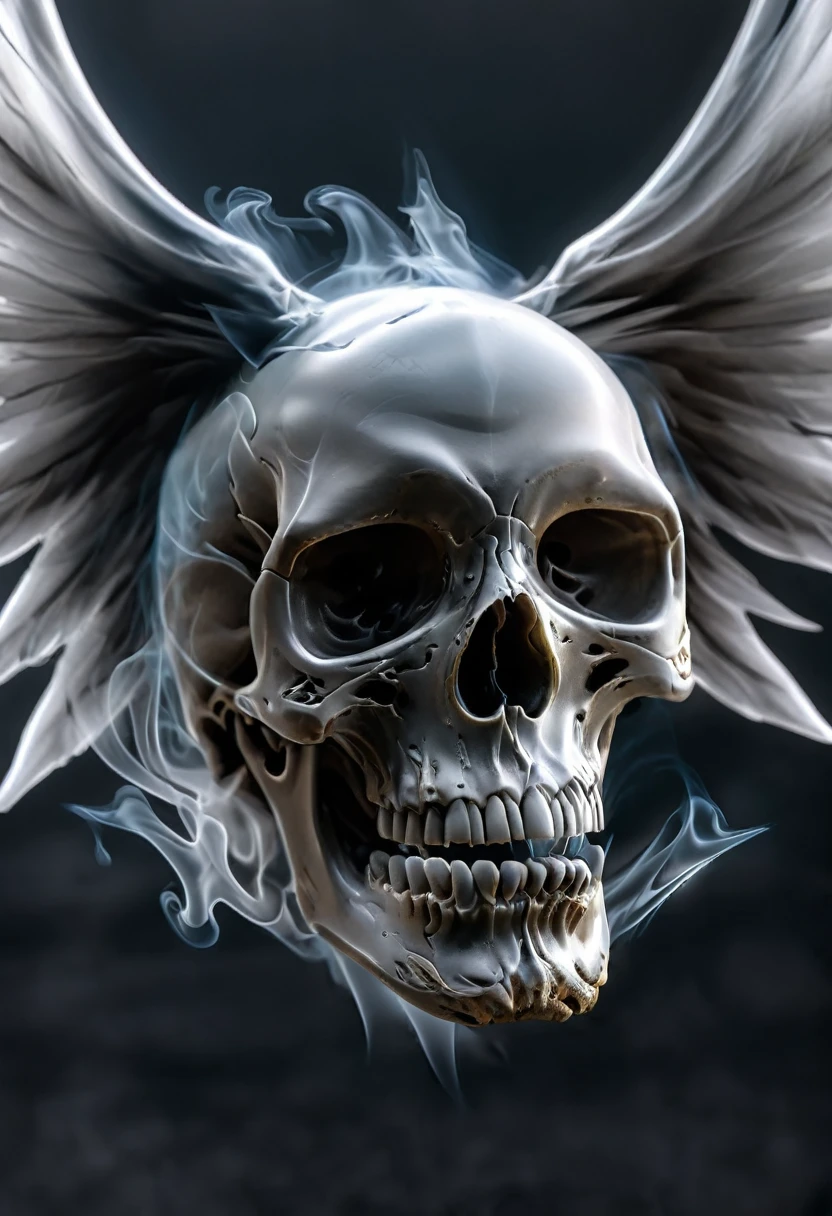 Skull To smoke, Dark style image, Image painted in artistic style, image with white background volumetric lighting, Black and white color image, 24K