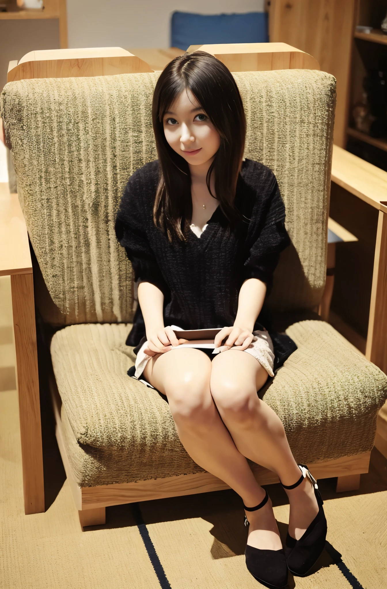 22w 2020s fashion, full body of a 20-year-old Japanese beauty sitting, snapshot not looking at the camera, double and big eyes, face is downcast, beautiful thigh