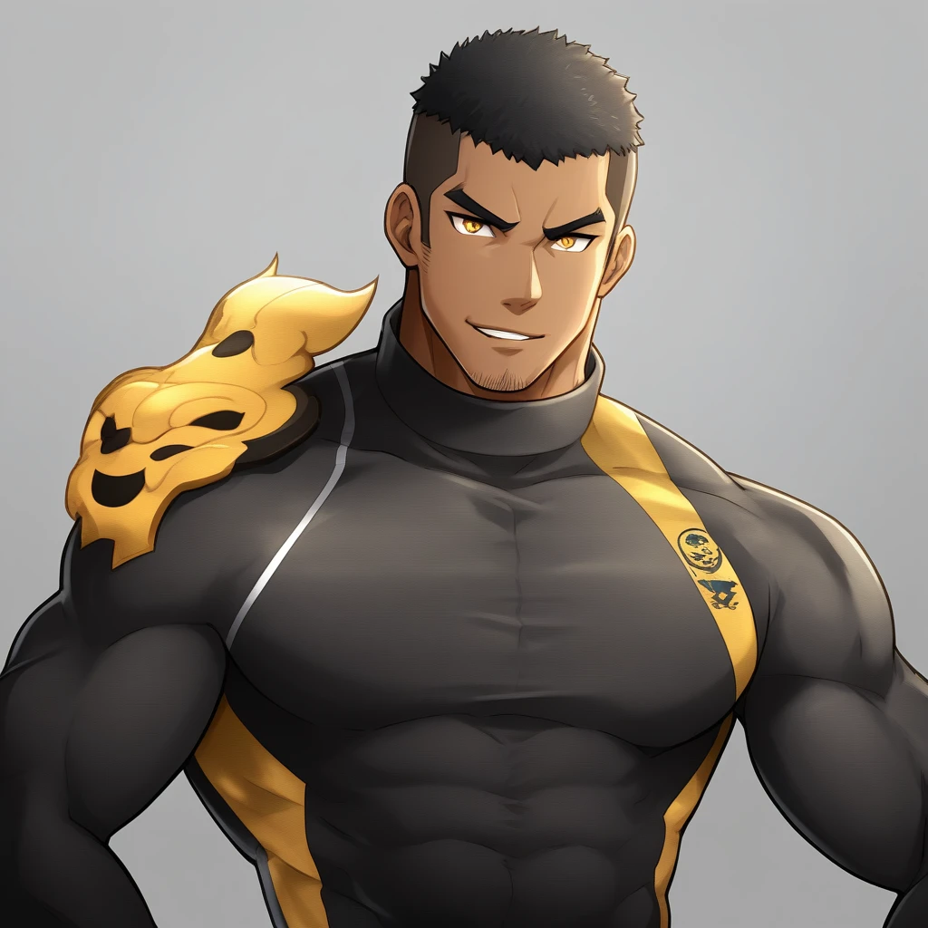 anime characters:Gyee, Young Muscle Sports Student, negro black skin, Buzz Cut, Manliness, male focus, Dark yellow high collar long sleeve tight T-shirt, Slightly transparent texture, Very tight, Slightly transparent, muscular male, muscular, only, Upper body, alone, Black short hair, Thick eyebrows, stubble, Yellow eyes, Grey background, simple background, amazing quality, best aesthetics, Ridiculous, bright pupils, crew cut, parted lips, seductive smile, torogao, naughty face, best quality
