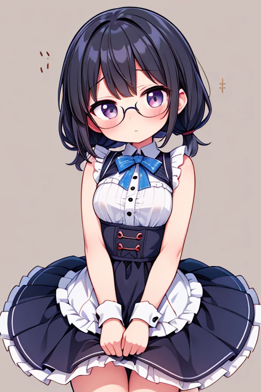 (masterpiece), (highest quality), ((Super detailed))、(super delicate)、Cute naughty peasant girl、Pastel colors hair、medium breasts、Thighs、Gorgeous、black hair, short hair, (low twintails), glasses, standard height, (anxious face:1,2、blush:1.2, quiet personality:1.2, shy), (naked)