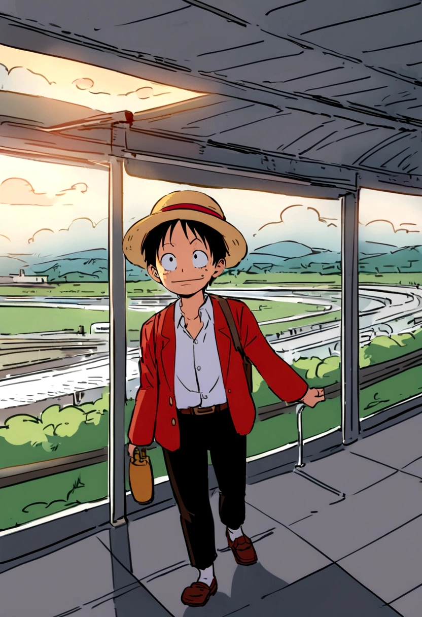 Luffy at the airport,Hayao Miyazaki style