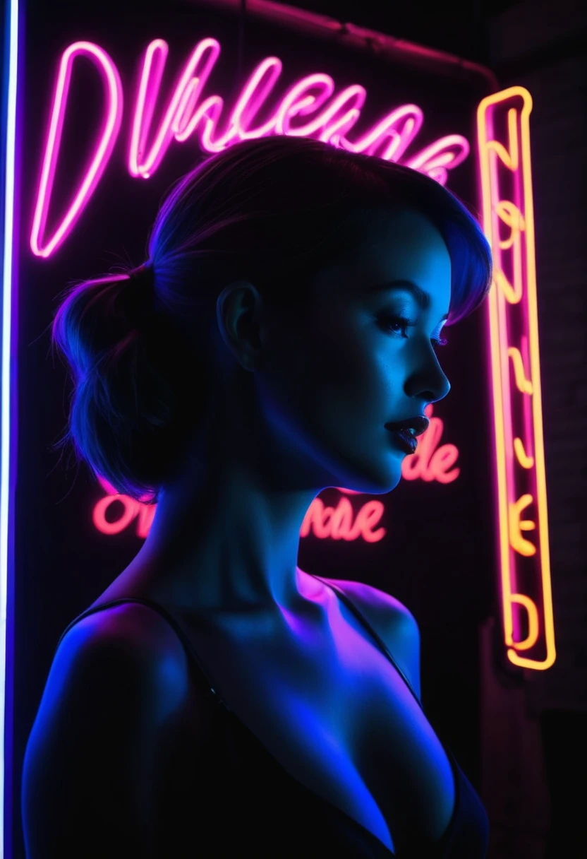 Side face silhouette,Shadow of beautiful woman under neon sign,Huge neon signboard,(Neon sign with text:1.5)