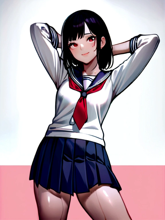 (8K、RAW Photos、Highest quality、masterpiece:1.2)、(Realistic、Photorealistic)、40 years、1 girl、A mole next to the eye、((Long sleeve white shirt、Sailor suit、Red tie、Navy pleated skirt below the knee))、(high school girl)、Roll up your skirt、Gal、Full of eyelashes、Eyelid wrinkles、Dark red knee-high socks、skeletally correct、Spread your legs、Long black hair、Cute Smile、Sweaty body、Attractive body、Beautiful perfect body、V-line emphasis、Put your hands behind your head、Beautifully trimmed fingertips、