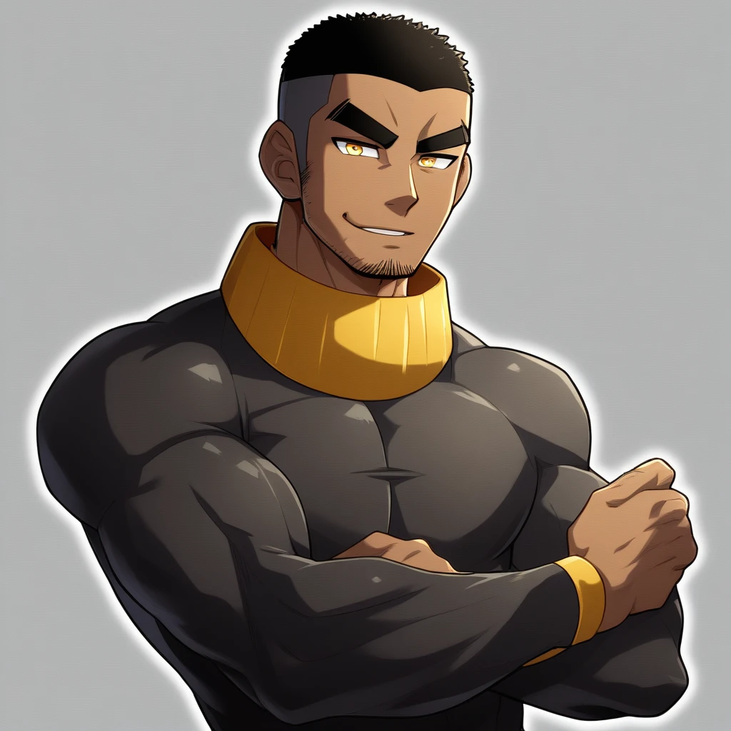 anime characters:Gyee, Muscle Sports Student, ????? black skin, Buzz Cut, 1 dark skin muscular tough guy, Manliness, male focus, Dark yellow high collar long sleeve tight T-shirt, Slightly transparent texture, Very tight, Slightly transparent, muscular male, muscular, only, Upper body, alone, Black short hair, Thick eyebrows, stubble, Yellow eyes, Grey background, simple background, amazing quality, best aesthetics, Ridiculous, bright pupils, crew cut, parted lips, seductive smile, torogao, naughty face, best quality