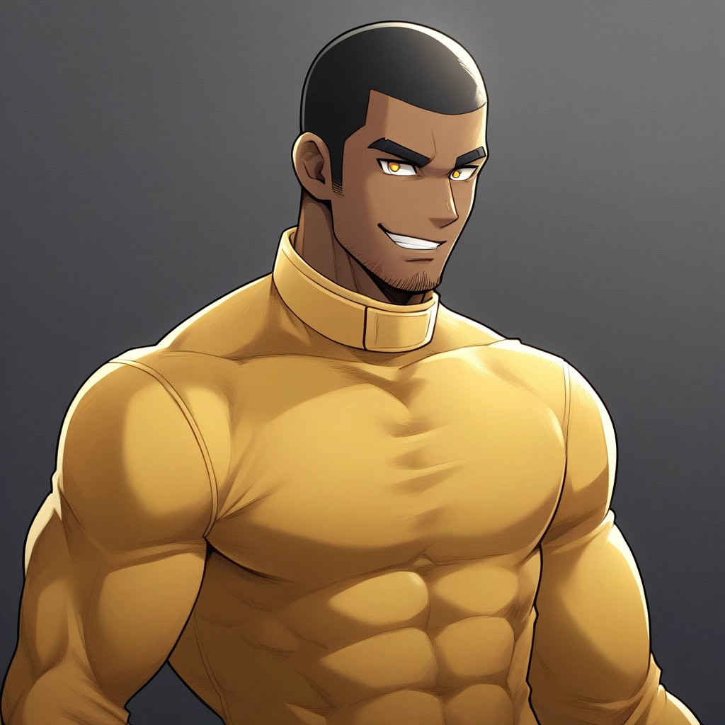 anime characters：Gyee, Muscle Sports Student, negro black skin, Buzz Cut, 1 dark skin muscular tough guy, Manliness, male focus, Dark yellow high collar long sleeve tight T-shirt, Slightly transparent texture, Very tight, Slightly transparent, muscular male, muscular, only, Upper body, alone, Black short hair, Thick eyebrows, stubble, Yellow eyes, Grey background, simple background, amazing quality, best aesthetics, Ridiculous, bright pupils, crew cut, parted lips, seductive smile, torogao, naughty face, best quality