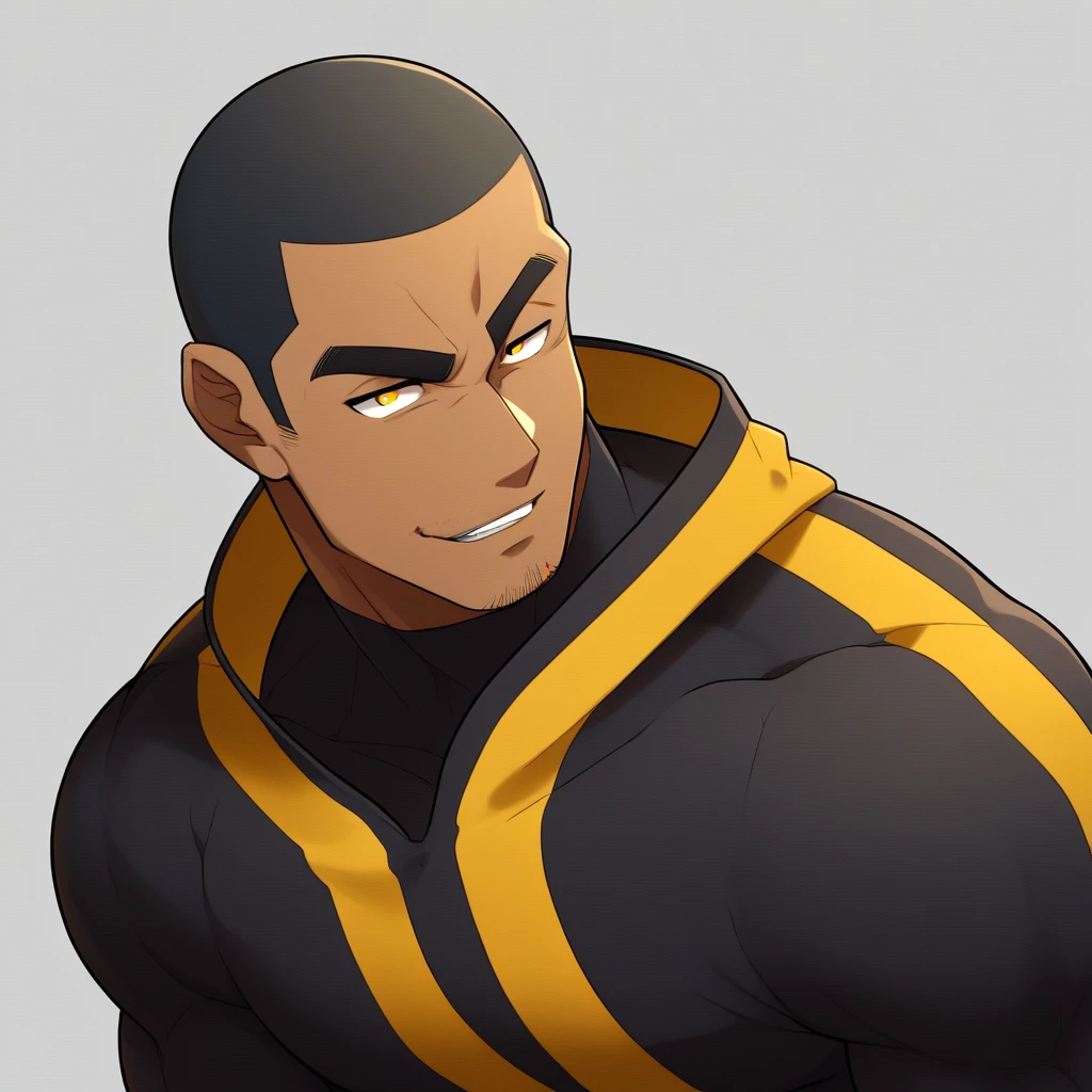anime characters:Gyee, Muscle Sports Student, negro black skin, Buzz Cut, 1 dark skin muscular tough guy, Manliness, male focus, Dark yellow high collar long sleeve tight T-shirt, Slightly transparent texture, Very tight, Slightly transparent, muscular male, muscular, only, Upper body, alone, Black short hair, Thick eyebrows, stubble, Yellow eyes, Grey background, simple background, amazing quality, best aesthetics, Ridiculous, bright pupils, crew cut, parted lips, seductive smile, torogao, naughty face, best quality