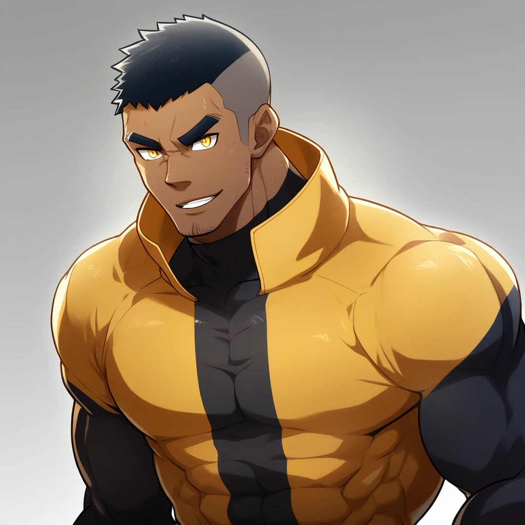 anime characters:Gyee, Muscle Sports Student, negro black skin, Buzz Cut, 1 dark skin muscular tough guy, Manliness, male focus, Dark yellow high collar long sleeve tight T-shirt, Slightly transparent texture, Very tight, Slightly transparent, muscular male, muscular, only, Upper body, alone, Black short hair, Thick eyebrows, stubble, Yellow eyes, Grey background, simple background, amazing quality, best aesthetics, Ridiculous, bright pupils, crew cut, parted lips, seductive smile, torogao, naughty face, best quality