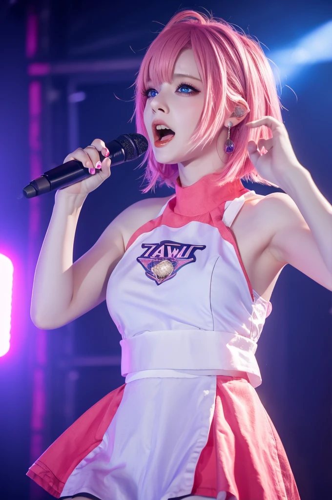 highest quality, Highest quality, masterpiece, Ultra-high resolution, Raw photo, A photo-realistic, 26-year-old woman, ((singing:1.2)), open mouth, pink hair, short hair, (punkish outfit:0.7),blue eyes,